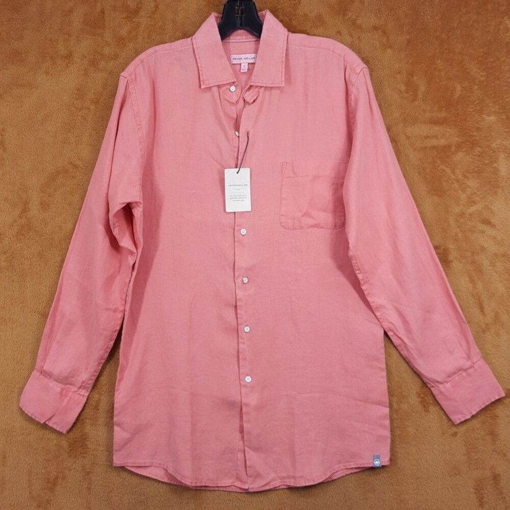 PETER MILLAR Shirt Mens Small Pink Button Up Coastal Garment Dye 100% Linen $160